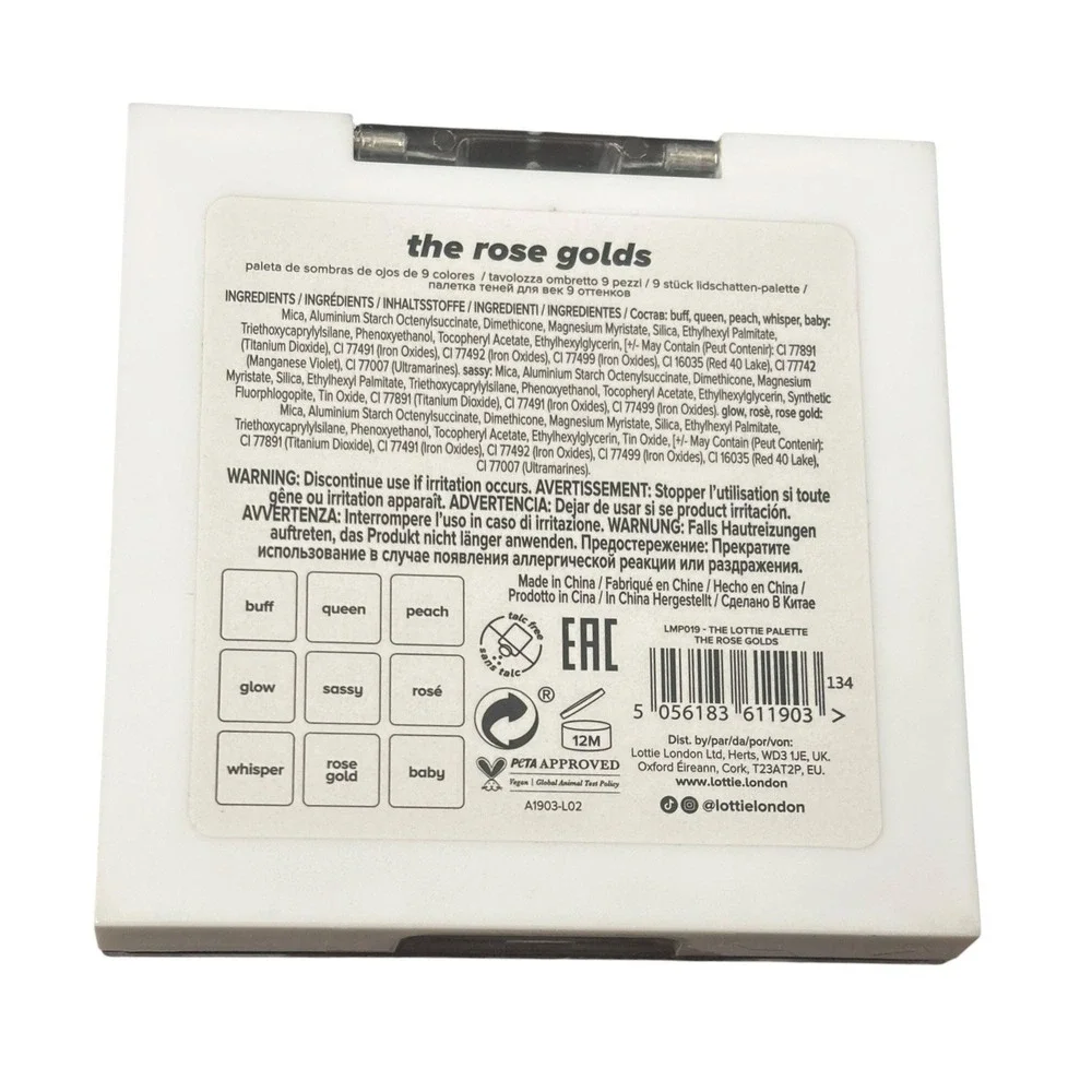 Lottie London The Rose Golds Eyeshadow Palette 9 Shades Shimmer Matte Talc Free